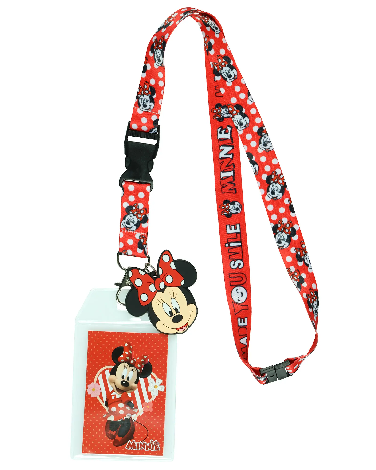 Disney Minnie Mouse Made You Smile Lanyard with Clear ID Badge Holder and 2" Rubber Minnie Mouse Charm