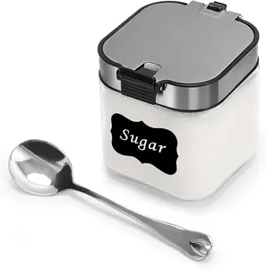 Glass Sugar Bowl with Lid and Spoon, 8.5 OZ Sugar Container Stainless Steels Flip Lid, Sugar Dispenser Sugar Holder for Kitchen, Coffer Bar Accessories, Countertop