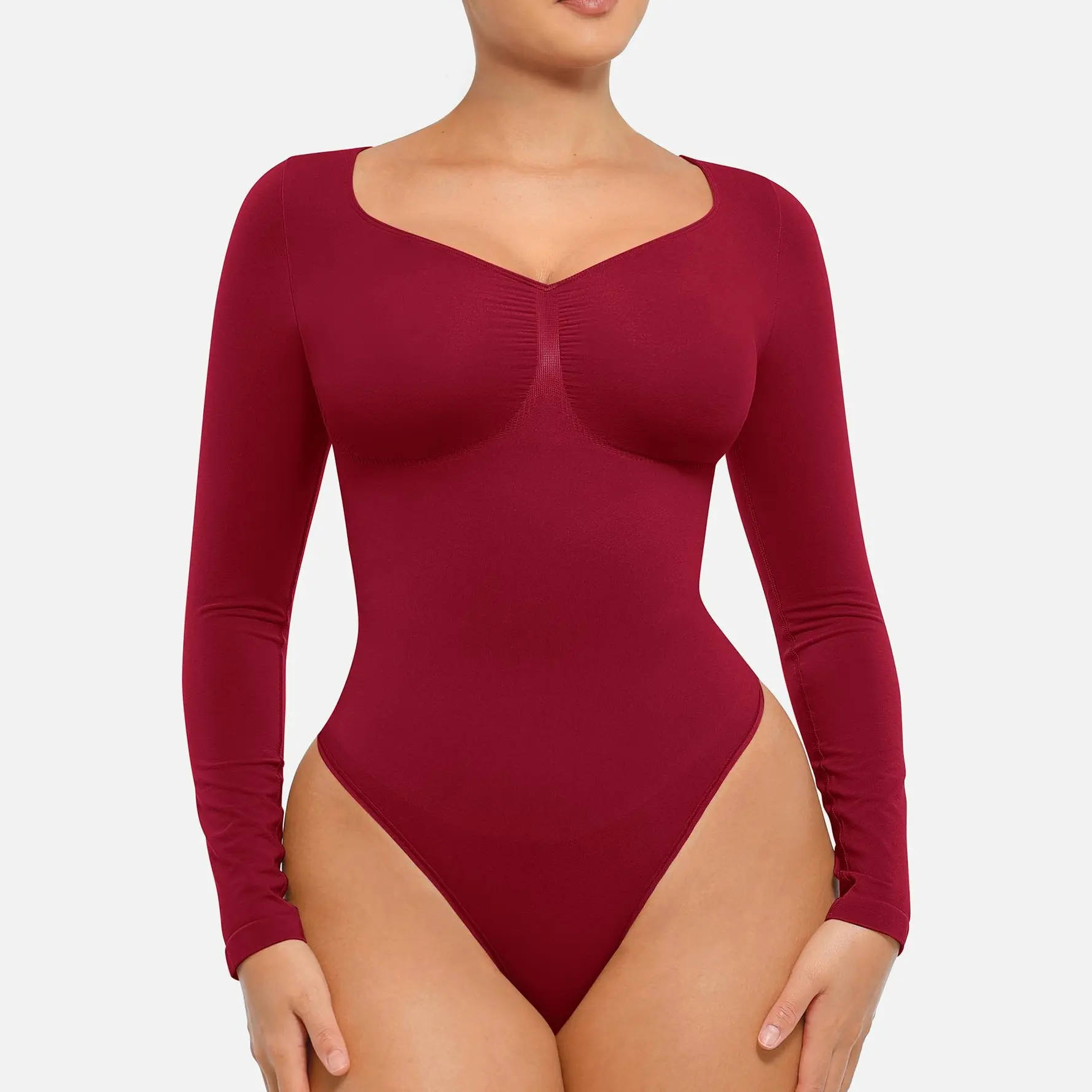 FeelinGirl Womenswear Seamless Long Sleeve Thong Bodysuit for Tummy Control V Neck Going Out Fabric Comfortable Casual shaper clothes #Summervibes