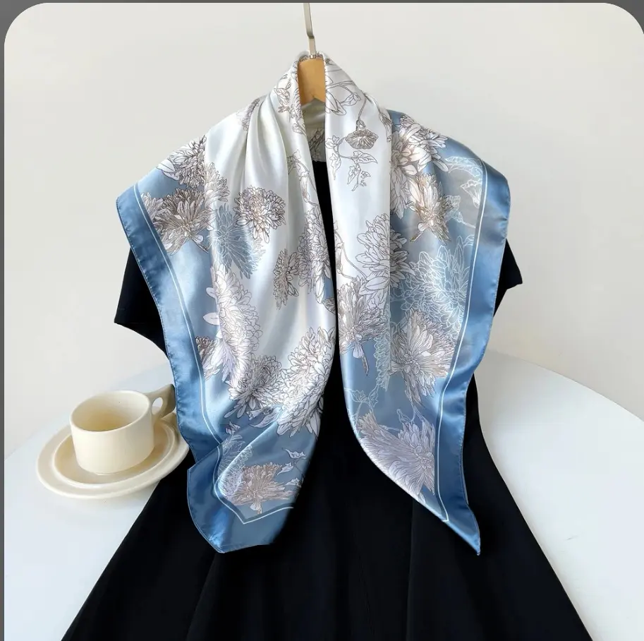 TangSong All Mulberry Silk  Scarf - Chic Blue & Beige Floral Square Bandana, Versatile Neck Wrap & Bag Accessory silky Casual Soft Shawl bandana head wrap scarf head wrap moo moo and scarf set