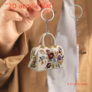 2D Flat - Single 2D Acrylic Beige Handbag Charm Keychain | Women Purse Bags | Floral Embroidery for Gifts | Iron Alloy Ring Buckle | Fashion Handbags Sale Keychain Bag Pendant