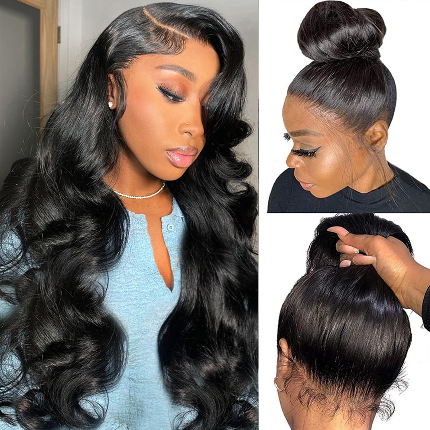 Mamushow 360 Lace Wigs Invisible Strap Drawstring Body Wave 250% Density Human Hair HD Transparent Lace Front Wavy wig Natural Color