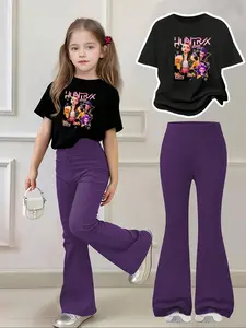 Girls' Cartoon Anime Girl Print 2-Piece Set, Girls Outfit, Sporty Sweatshirt and Bell Bottoms, Casual Loose Fit, Comfortable Elastic Waist, Fall & Winter