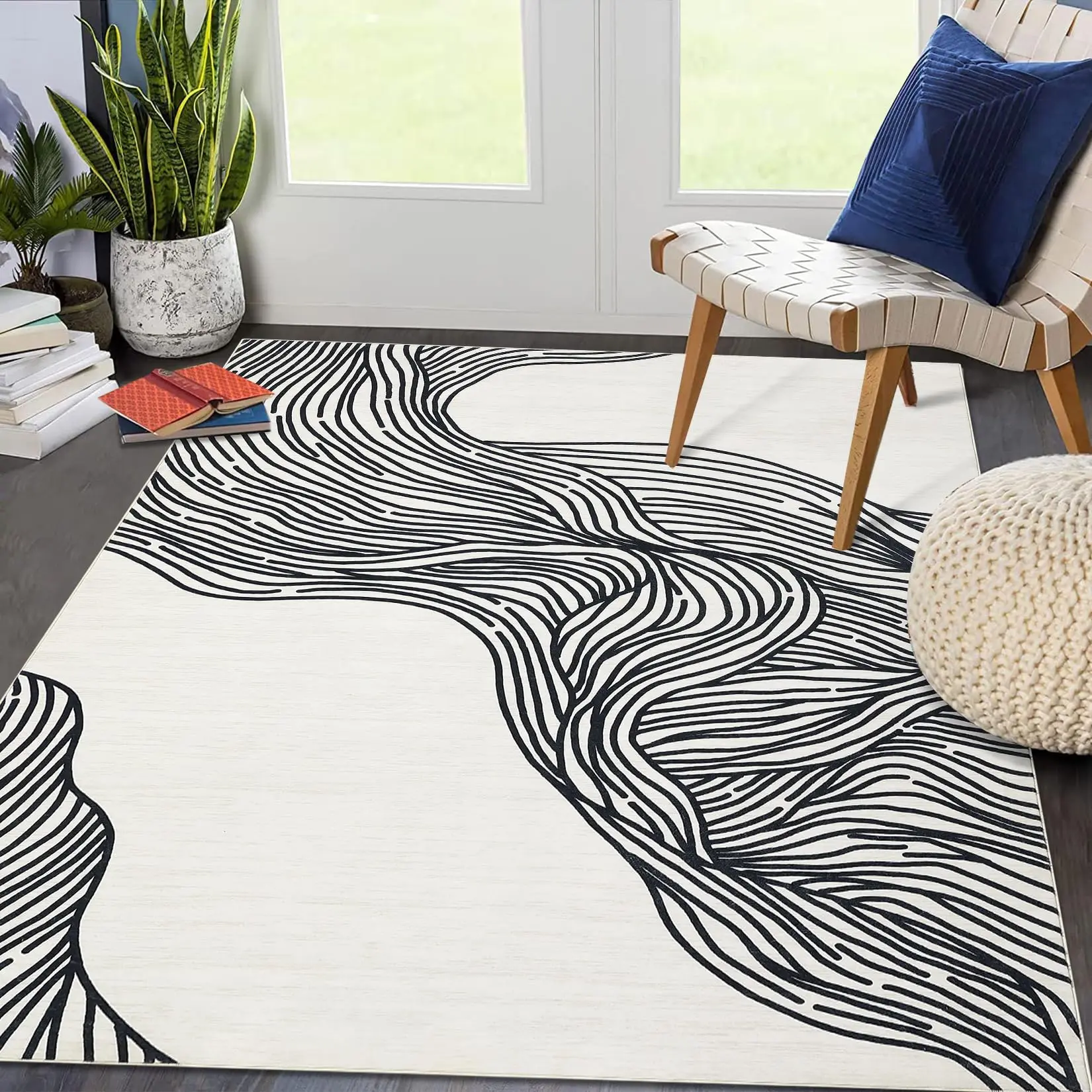 Garvee 9x12 Area Rug Washable Rugs for Living Room Modern Geometric Area Rug for Bedroom Curve Striped Office Rug Low Pile Neutral Soft Nursery Rug Non Slip Farmhouse Floor Cover Black and White