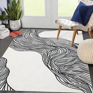 Garvee 9x12 Area Rug Washable Rugs for Living Room Modern Geometric Area Rug for Bedroom Curve Striped Office Rug Low Pile Neutral Soft Nursery Rug Non Slip Farmhouse Floor Cover Black and White