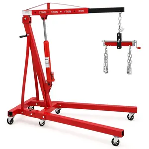 Engine Hoist with Lever, 2 Ton Folding Cherry Picker Shop Crane Hoist Lift, Heavy Duty Folding Shop Crane with 6 Casters, Engine Lift Lever for Engine Lift Loading, 4000Lbs, Red