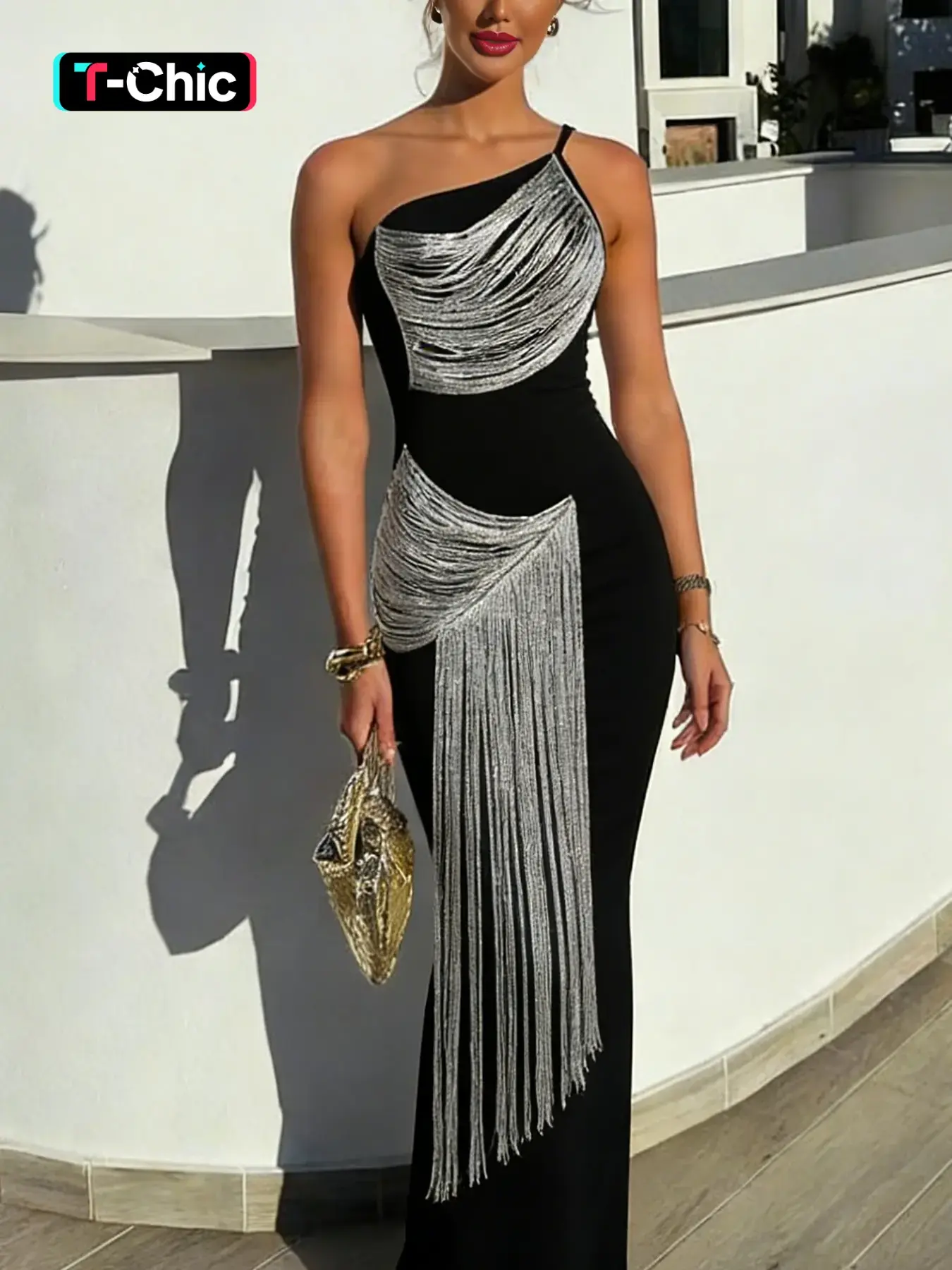 Women's Fashion Chic Slim Fit Elegant One-Shoulder Asymmetrical Neck Sleeveless Dress, Solid Color Patchwork Fringe Bodycon Formal Party Dresses, Street Casual Lady Clothing for Spring Summer New, Womenswear
