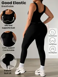 Fall&Winter Women's Plus Size Shapewear Tummy Control Jumpsuit, Sleeveless Bodycon Waist Cinching Romper, Thermal Tank Top With Padding,Fashionable Sporty Yoga Gym Wear, Thick&Seamless Bootoms for Daily Wear