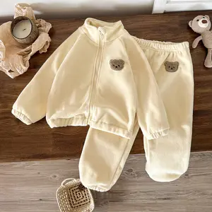 Ready Stock 4-7y Toddler Boy's Bear Patch Fleece Set Long Sleeve Warm Zip-Up Jacket & Pants 2Pcs Clothes Perfect for Cozy Winter Days 42508001