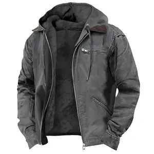 Solid Color Hooded Cotton Jacket Casual Men's Fleece Lined Zipper Pocket Jacket Coat