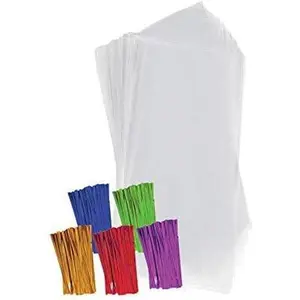 Clear Plastic Cellophane Bags with 4" Colored Twist Ties for Gifts Party Favors (4"x9" 100 Pack)