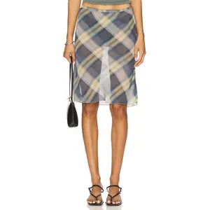 LIONESS Shoreline Midi Skirt in Blue Check