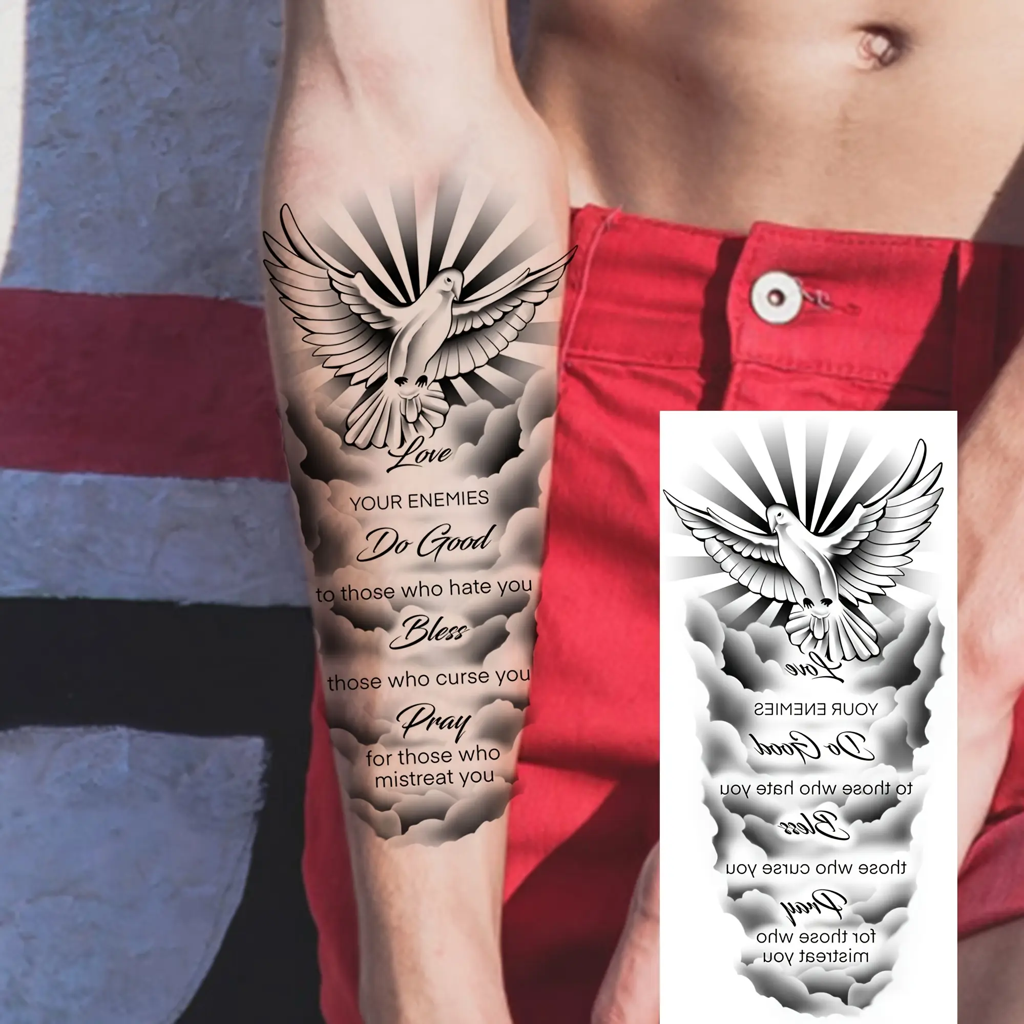 6 Sheets of Traditional Temporary Tattoos for Men, Dove Faith Symbol Body Art Stickers for Forearm, Leg, Calf, and Thigh