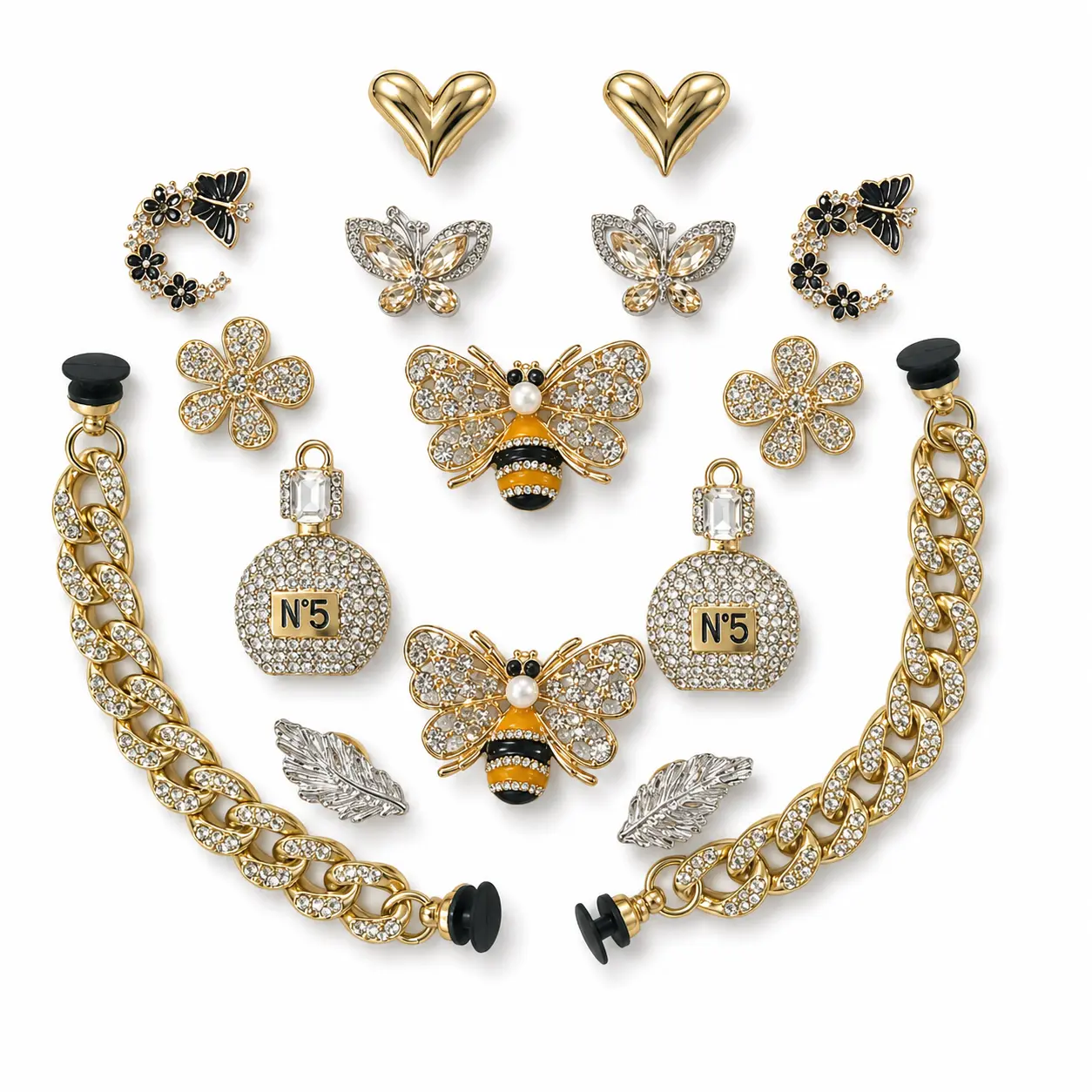 Women's 16PCS Gold Shoe Charms Set with 2 Rhinestone Chains, Cute Elements (Bee, Butterfly, Heart, Flower, Feather, Perfume Bottle), Mix-and-Match Easy-Insertion Footwear Decor for Clog Sandals