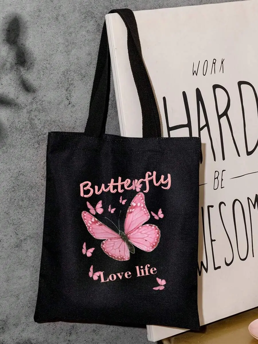 Butterfly & Letter Graphic Shopper Bag School Bag,Back To School,Large Capacity,Portable,Foldable,Classic Casual, Suitable For Teen Girls Women College Students, Perfect For Back To School,College,Elementary School,Middle School, High School,Shopping,Hol