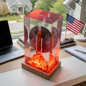 3D Rocket Launch Resin Sculpture Space Shuttle Moon Diorama Wood Base Home Decor Desk Shelf Decoration Modern Space Art Unique Gift for Space Lovers