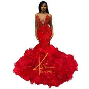Ken White Porsha Mermaid Gown - Red Sequin Mermaid Dress with Ruffled Skirt and Deep V Neckline Womenswear Prom