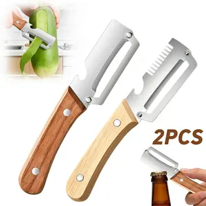 2PCS 2-in-1 Vegetable Peeler with Bottle Opener, Premium Stainless Steel Sharp Blade, Ergonomic Wooden Handle Kitchen Tool for Apple Potato Pumpkin Papaya Carrot Zucchini