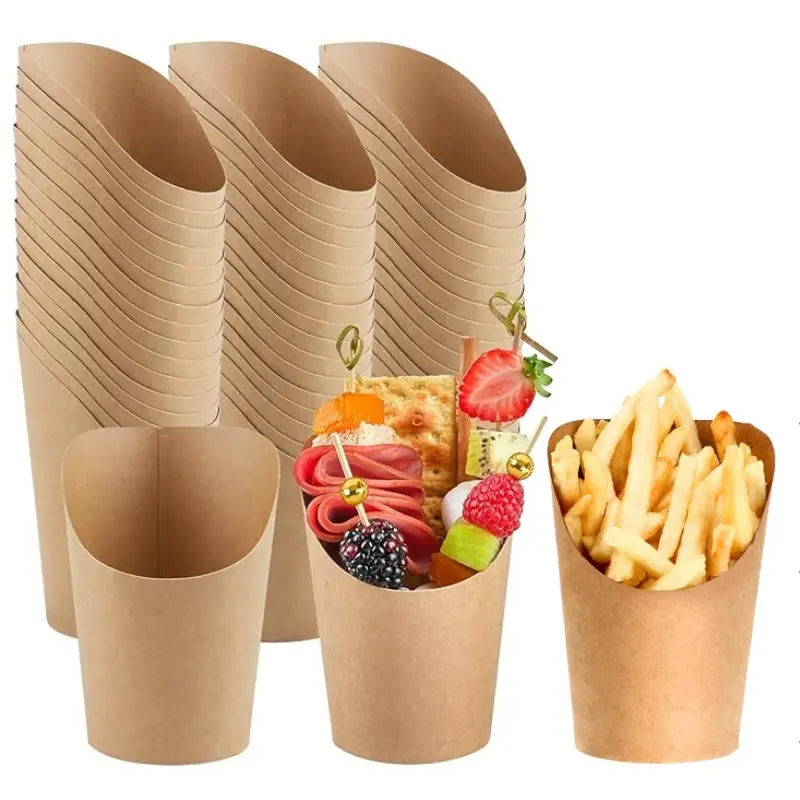 150Pcs Disposable French Fries Holder 14 oz Take out Party Baking Supplies Waffle Paper Popcorn Sandwich Ice Cream Holder Cup Kraft Paper Container for Wedding Party Food Cones (brown)