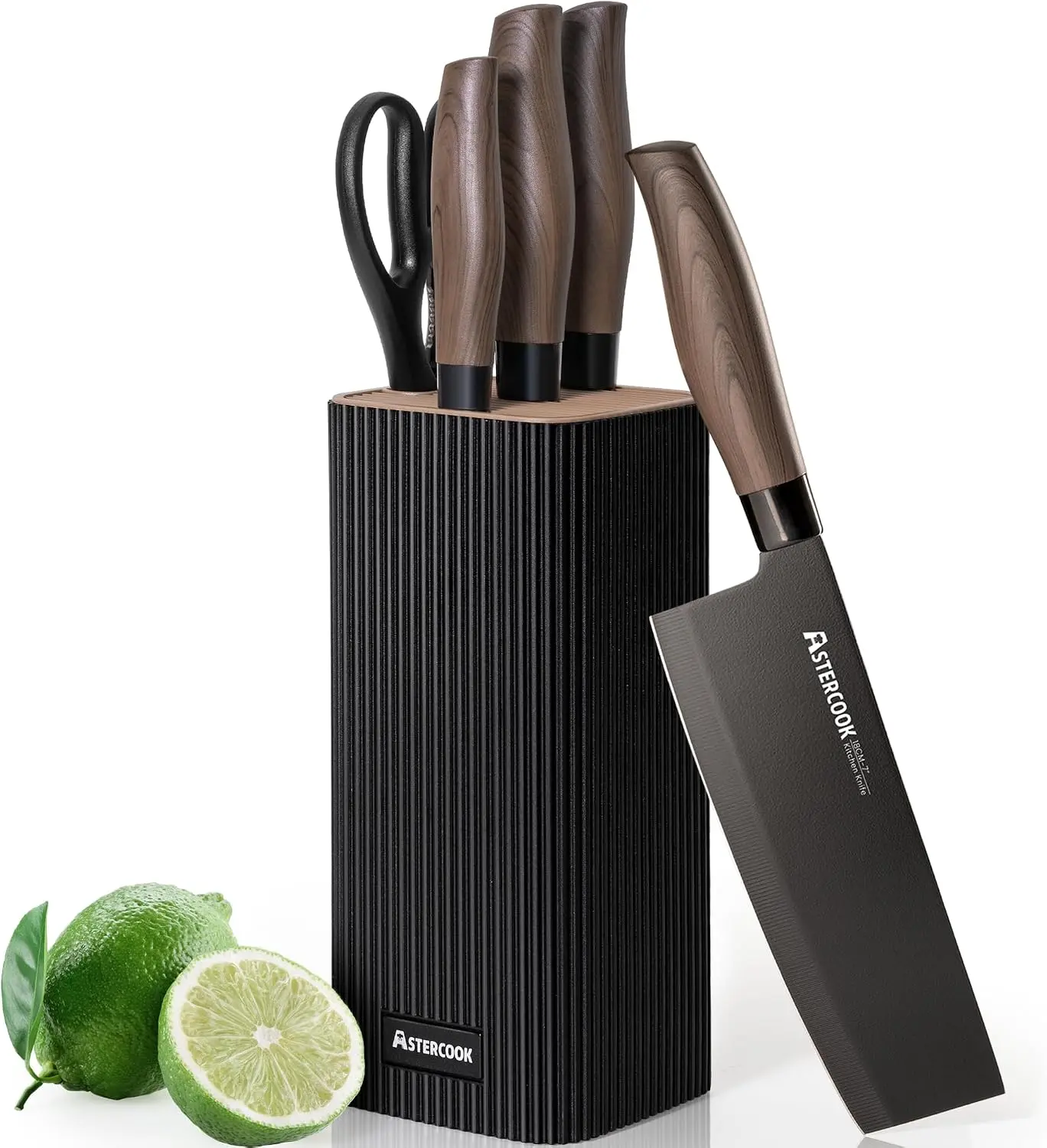 Astercook 6-Piece Wooden Block Kitchen Knife Set, High Carbon Stainless Steel Ultra-Sharp Blades, Wood Grain Handles, Dishwasher-Safe Black Utility Tools