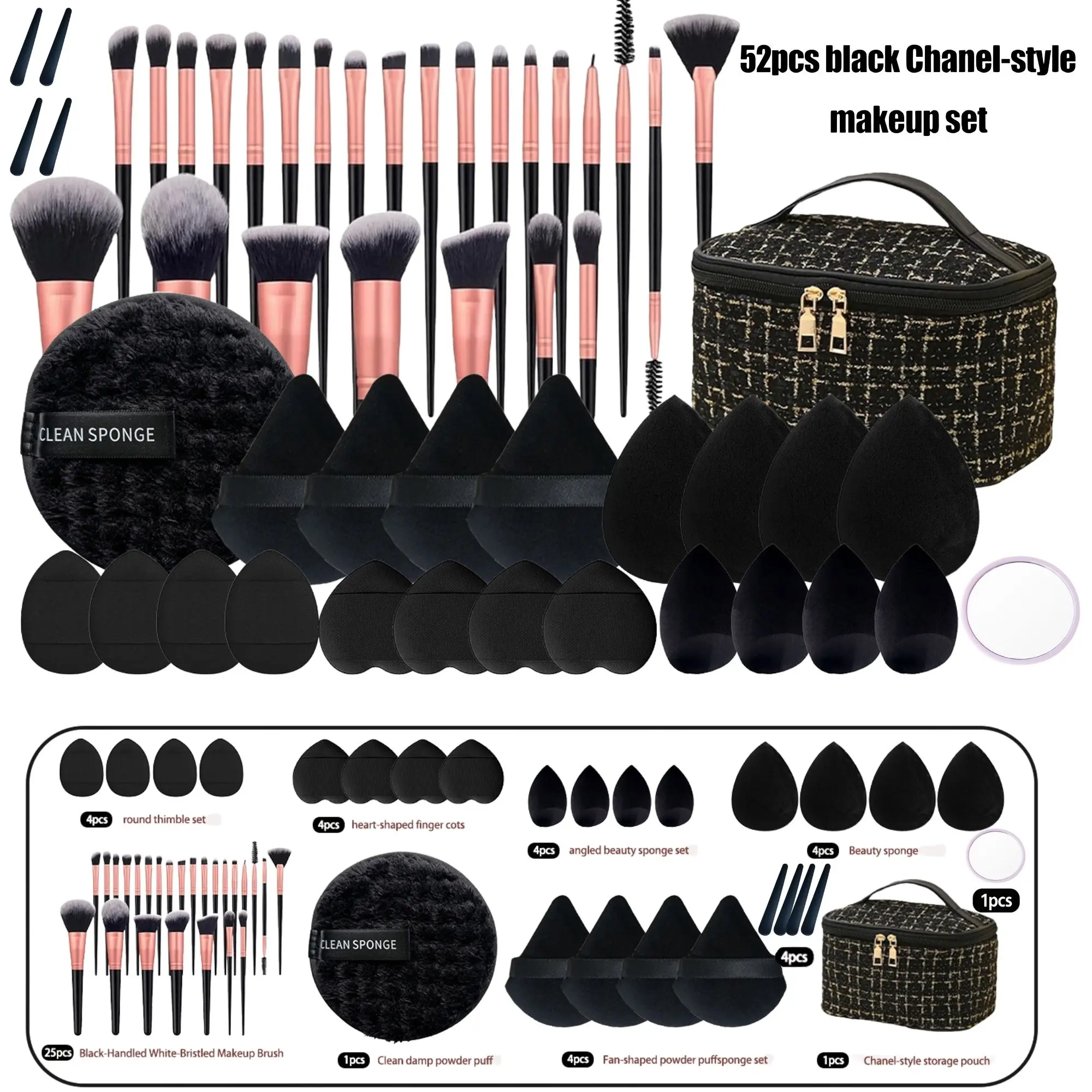 52 Pcs Professional Black Makeup Brushes Set Multifunctional Makeup Tool Kit With Sponge Powder Puff Headband And Cleaning Bowl