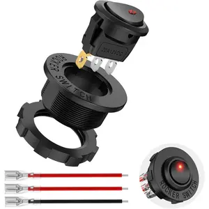 Nilight 1PC Round Rocker Switch with Shell 12V 24V 20A Red LED Toggle swtich with 16AWG Wires SPST 3Pin 2 Position for Car Truck Vehicle Boat Marine Rocker On Off Control