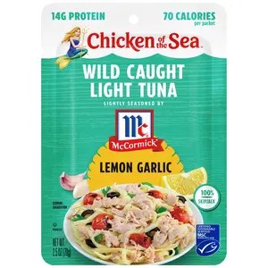 Chicken of the Sea Wild Caught Light Tuna, 2.5 oz. Packets (Pack of 4), Lemon Garlic Seasoning