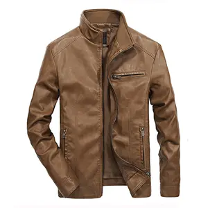 Men's Brown Faux Leather Stand Collar Jacket - Casual & Fashionable (With Zipper Pockets)