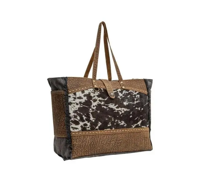 Women's Upcycled Canvas Weekender Duffel Tote Bag - 20" Width, 16" Height, 8.5" Depth, No Wheels, Leather & Hairon Accents, Large Stylish Overnight Travel Bag, for Weekend Trips, S-6780, 20-Inch, Travel Duffel