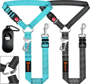 Removable Dog Seat Belt Harness for Car, 3 in 1 Pet Dog Car Seatbelt Leash, Retractable Restraint Secures to Vehicle Headrest & Adjustable Reflective Bungee Dog Seatbelt Tether with Poop Bag Holder