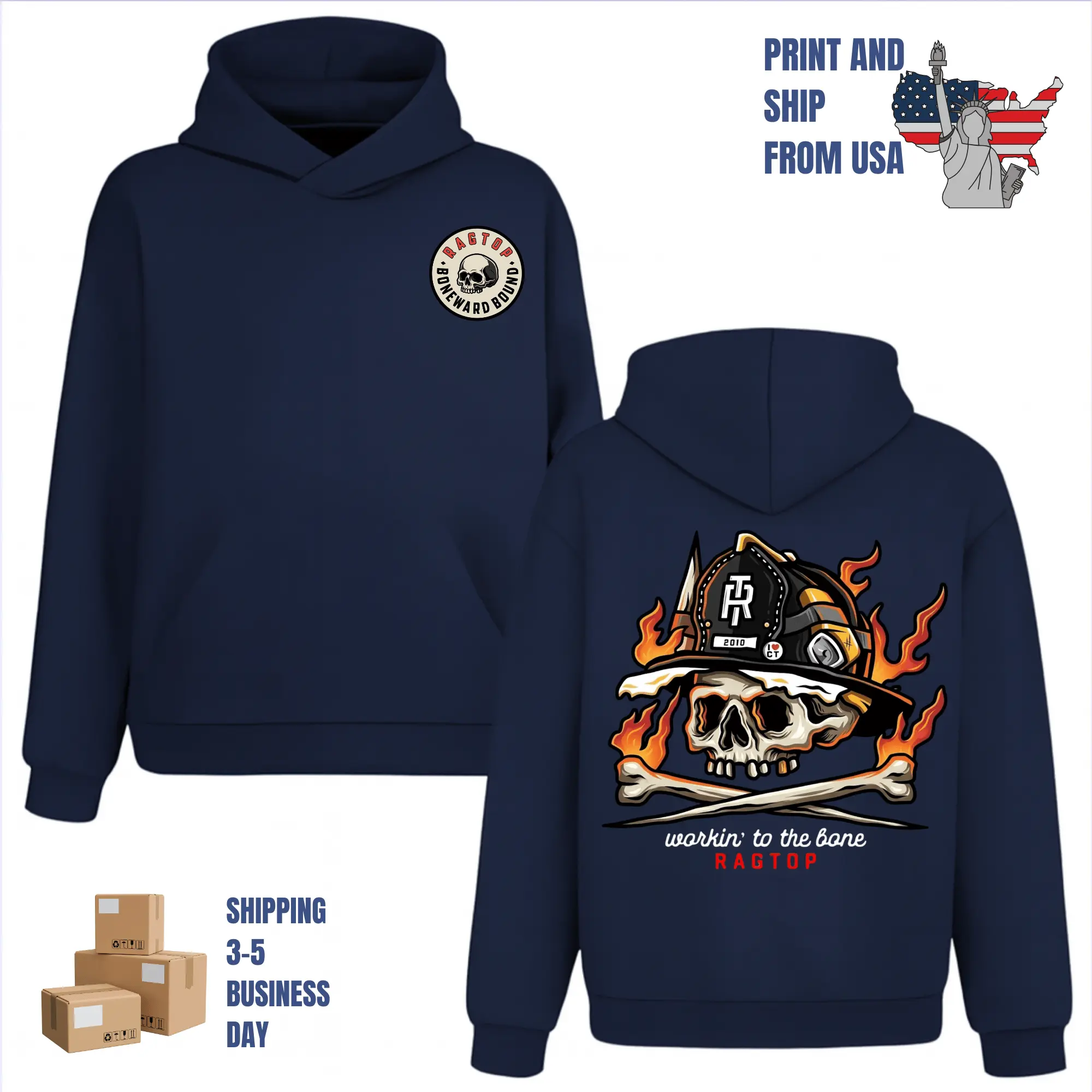 Workin’ to the Bone Firefighter Skull Hoodie, 2 Sides, dark firefighter art, oversized hoodie for men, tactical streetwear style, gift for first responders