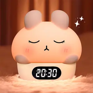Shy Rabbit Alarm Clock & Tap  Night Light - Dual Alarms for Nursery & Parents, Temperature Display, Tap to Change Between 3 Colors, Soft BPA-Free Silicone, USB Rechargeable 1200mAh Battery, Eye-Caring LED. Perfect Sleep Aid and Time Manager for Kids