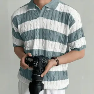 Zaitun Men'S Casual Striped Contrast Knit Pullover Sweater - Short Sleeve, Regular Fit, Ribbed Texture, Navy Blue & White Stripes, Spring Fashion Top, Casual Wear | Contrast Color Design | Knit Construction, Sweater Vest