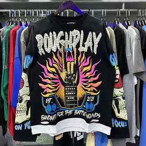 Oversized "ROUGHPLAY" Rhinestone Graphic Long Sleeve Tee Vintage Washed Distressed| Y2K NYFW Grunge Streetwear| Unisex Edgy Layering Top for Men Women Spring Fall OOTD