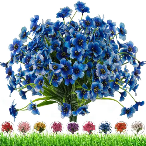8 Bundles  Artificial Outdoor Flowers, Fake Flowers UV Resistant Faux Outdoor Plastic Flower Plants for Outside Indoor Decor (Blue)