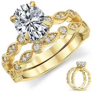 2.5Ct Victorian Vintage Oval Moissanite Bridal Set Under Halo Migrain Wedding Band 18K Gold over Silver