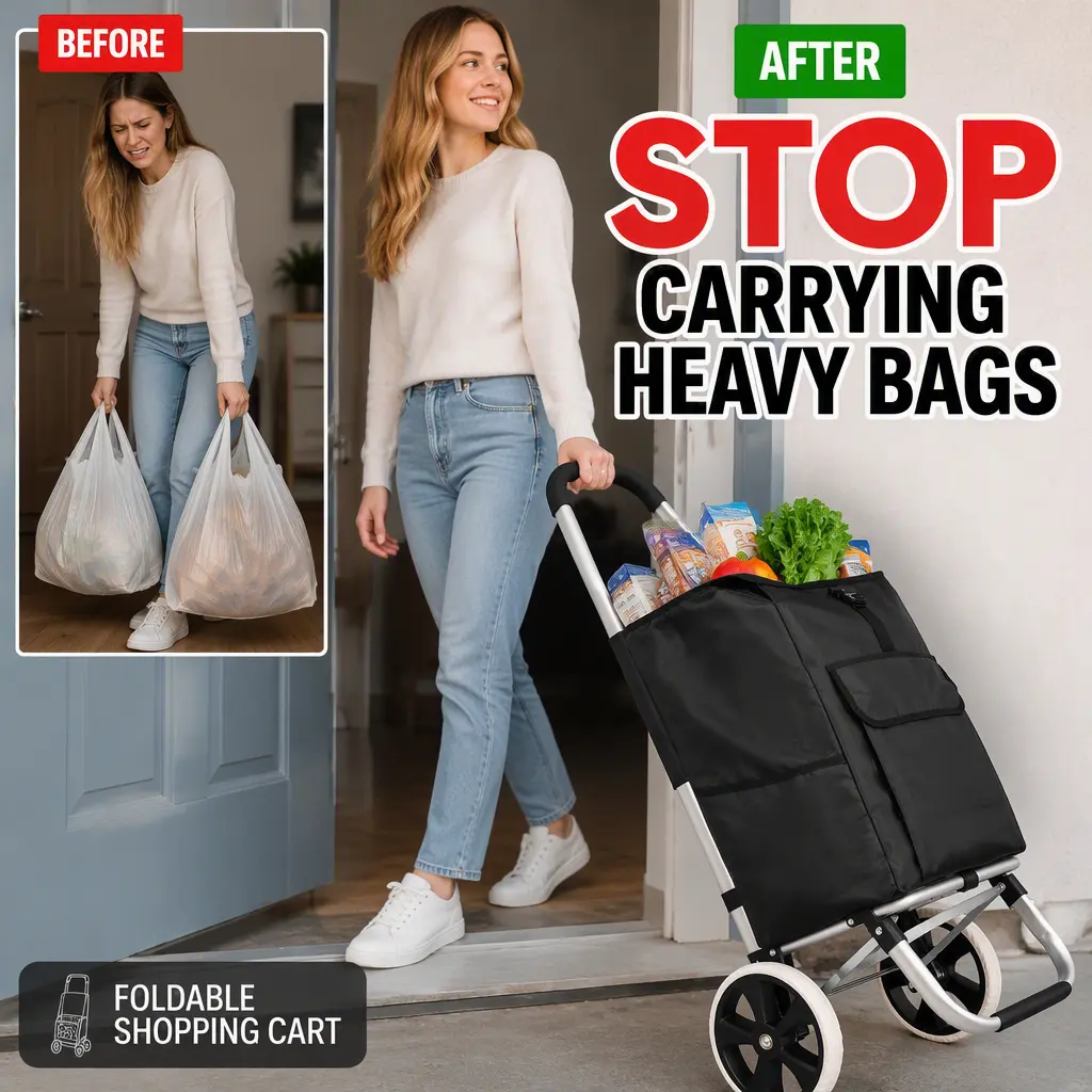 Foldable Shopping Cart with Wheels, Waterproof Rolling Grocery Cart for Shopping, Laundry & Everyday Heavy Carry