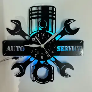 Car Repair Theme Vinyl Record Wall Clock, Dual Color Light or No Light, Home Decor for Garage, Mechanic, Tool Room, Car Enthusiast Room