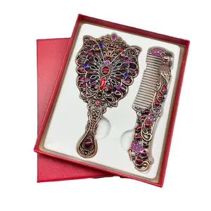 Vintage Peacock Mirror Handle Metal Makeup Mirror Set, Portable Hair Brush Comb Kit, Holiday Gift for Women, All Hair Types