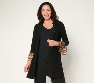 Susan Graver Textured Liquid Knit Petite Long Cardigan w/ Printed Cuff