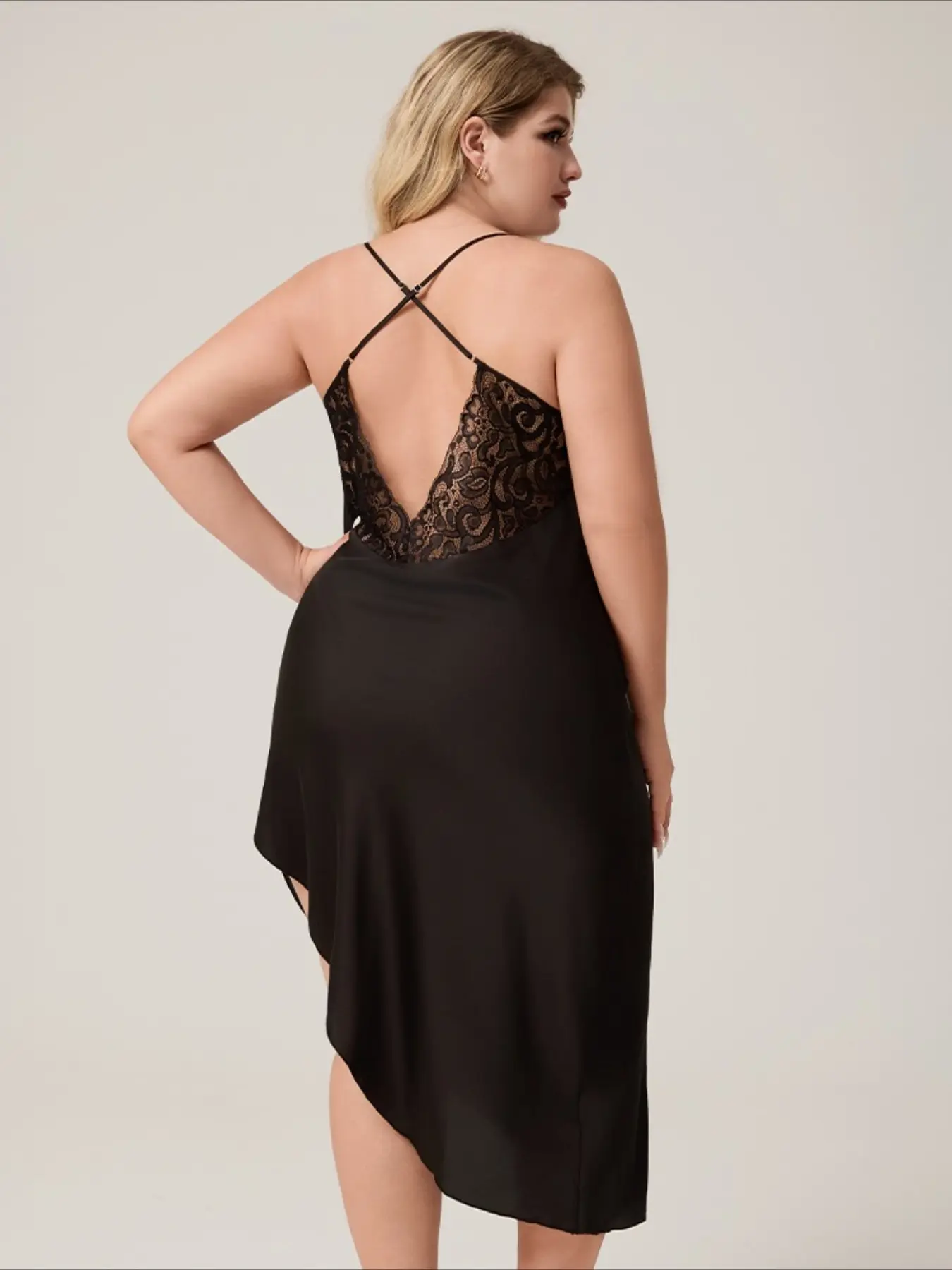 Plus Size Black Satin Midi Nightgown, Lace Panel V-Neck Spaghetti Strap, Soft Silk-Like Fabric, Elegant Bedroom Sleepwear