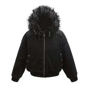 Hooded cotton coat with fur collar, trendy brand, men's winter wear, loose fit, reversible, vintage design, unique style cotton jacket Casual Black