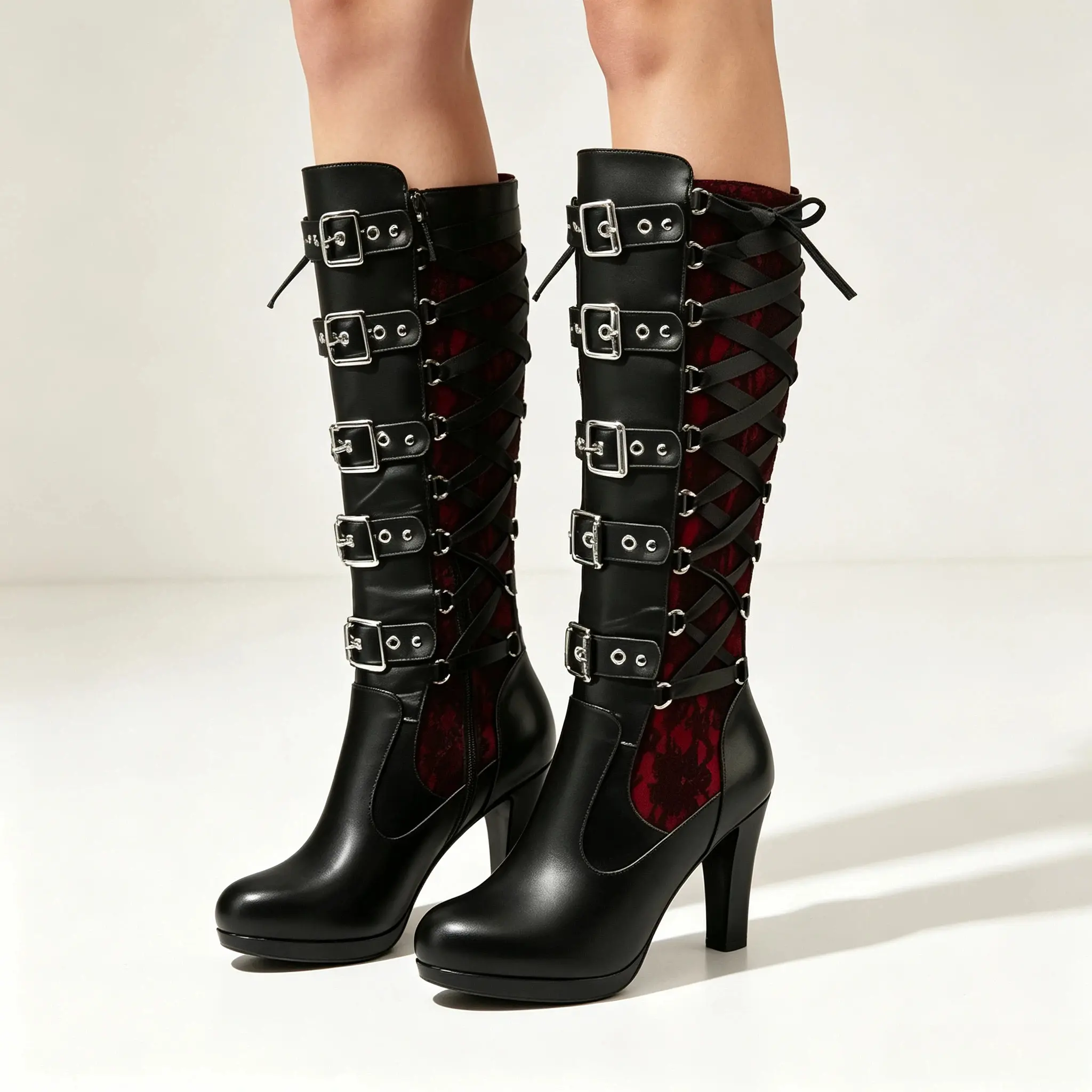 Women's Black Knee High Boots Pointed Toe Punk Boots Chunky Platform Goth Combat Boots with Buckle Lace Up Boots boots for fall