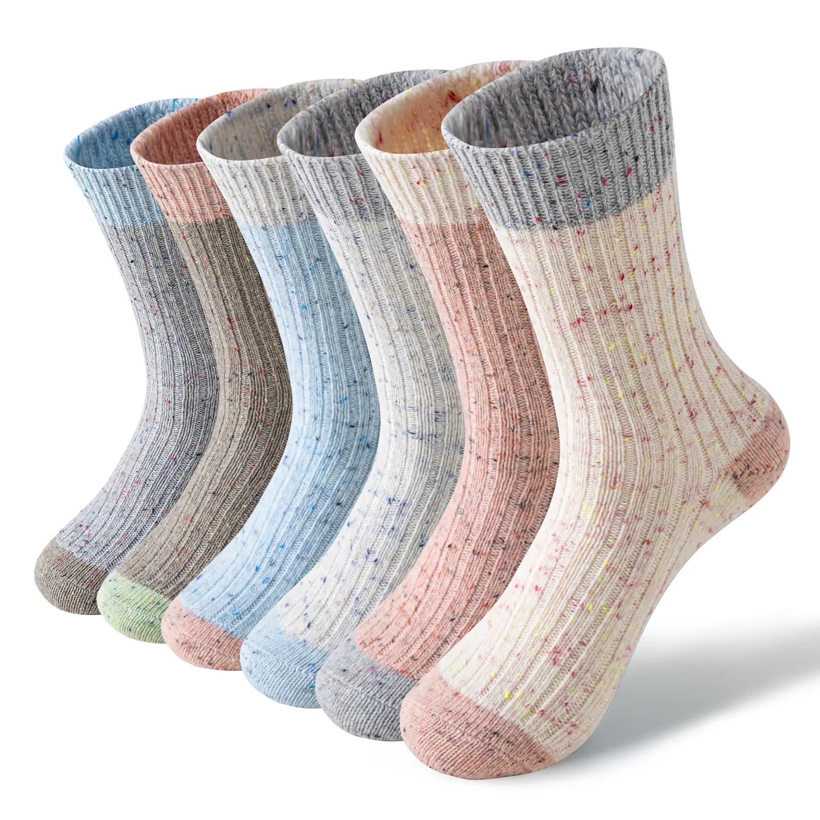 6 Pairs Merino Wool Cute Striped Women Socks, Crew Long Fashion Socks, Color Blocked Striped Pile Girls Socks Hiking Warm Winter Thick Thermal Crew Cozy Cabin Ladies Gift Comfy Boot Work Socks Colorblock Crew Socks Casual Soft Socks