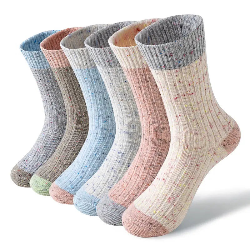 Women's Merino Wool 6-Pair Striped Crew Socks - Breathable Comfy, Thick Thermal, Color-Blocked, Hiking, Winter Boot Work, Cabin Gift, Adults, All Seasons, Cold Wash, Assorted Color Mid-Calf Socks