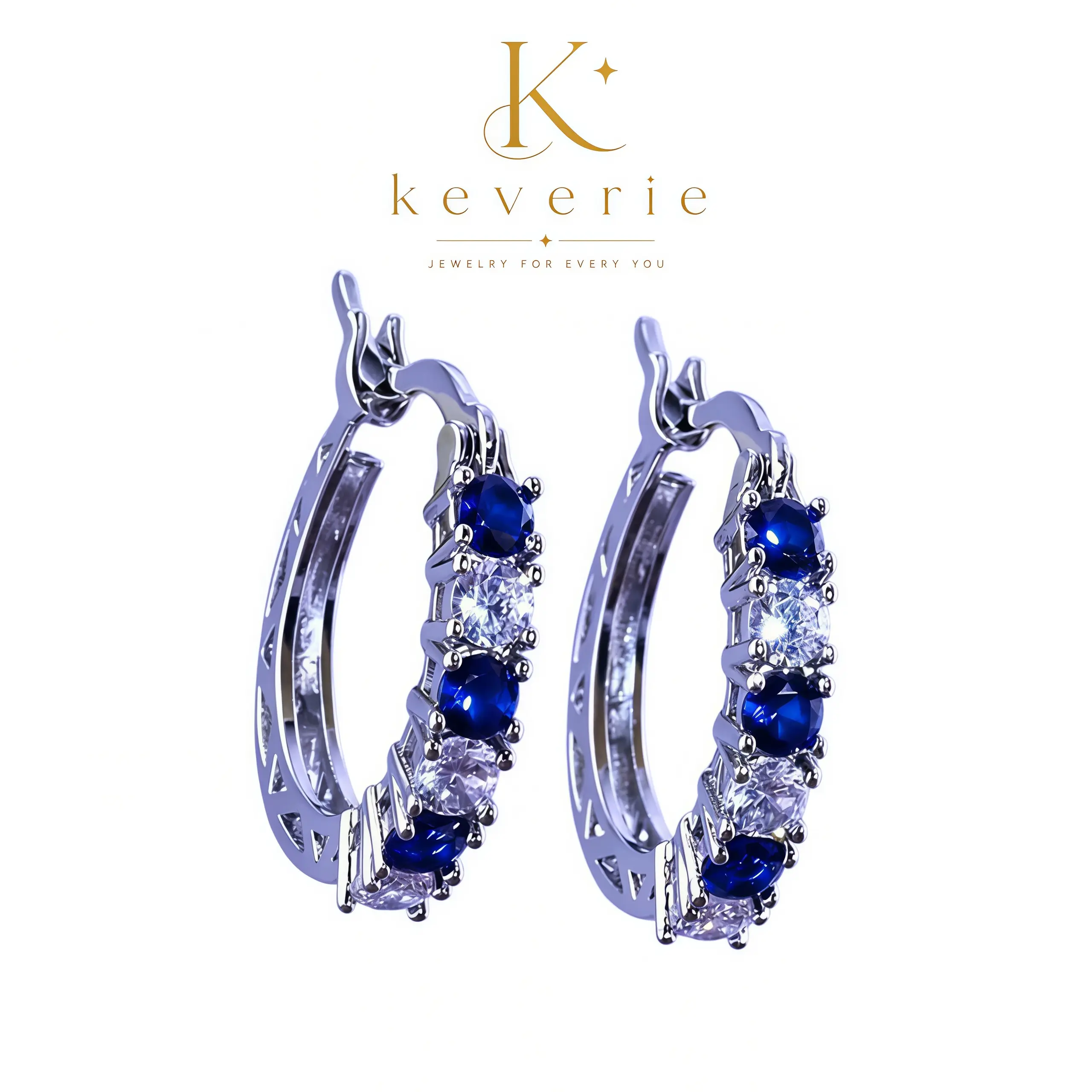 Silver Plated Royal Blue Sapphire & Clear CZ Stone Hoop Earrings, Classic Round Huggie Hoops, Elegant Daily Party Fashion Jewelry Gift for Women Girls