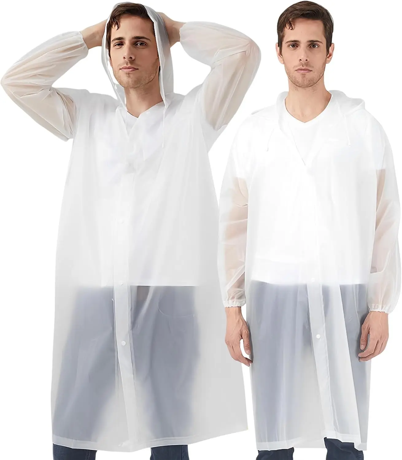 Reusable Rain Ponchos Raincoats 2 Pcs for Adults with Hoods and Sleeves for Men Women White