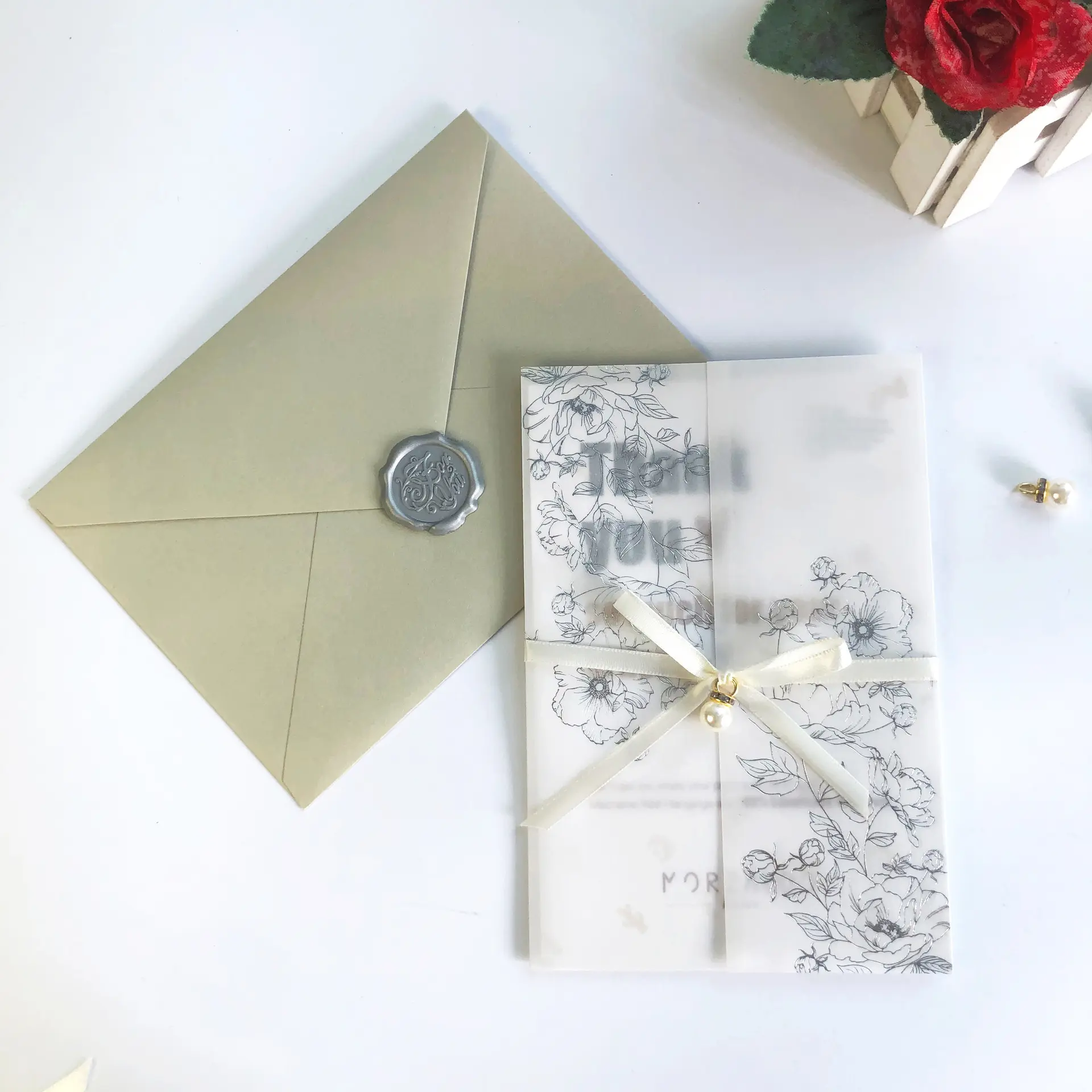 20 sets Wedding invitation, marriage invitation, transparent outer cover, vellum outer cover, includes outer cover, inner page, ribbon, accessories, customizable wedding information