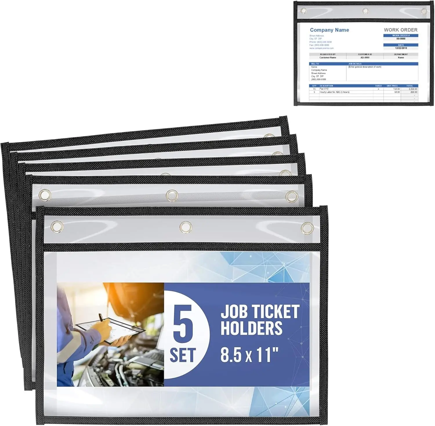 Job Ticket Holders, 8.5 x 11 Inches Horizontal Clear Sleeves with Dry Erase Surface, Heavy-Duty Document Protectors Sleevee 5 Pack for Office, Auto Repair, Schools Easy to Clean Waterproof