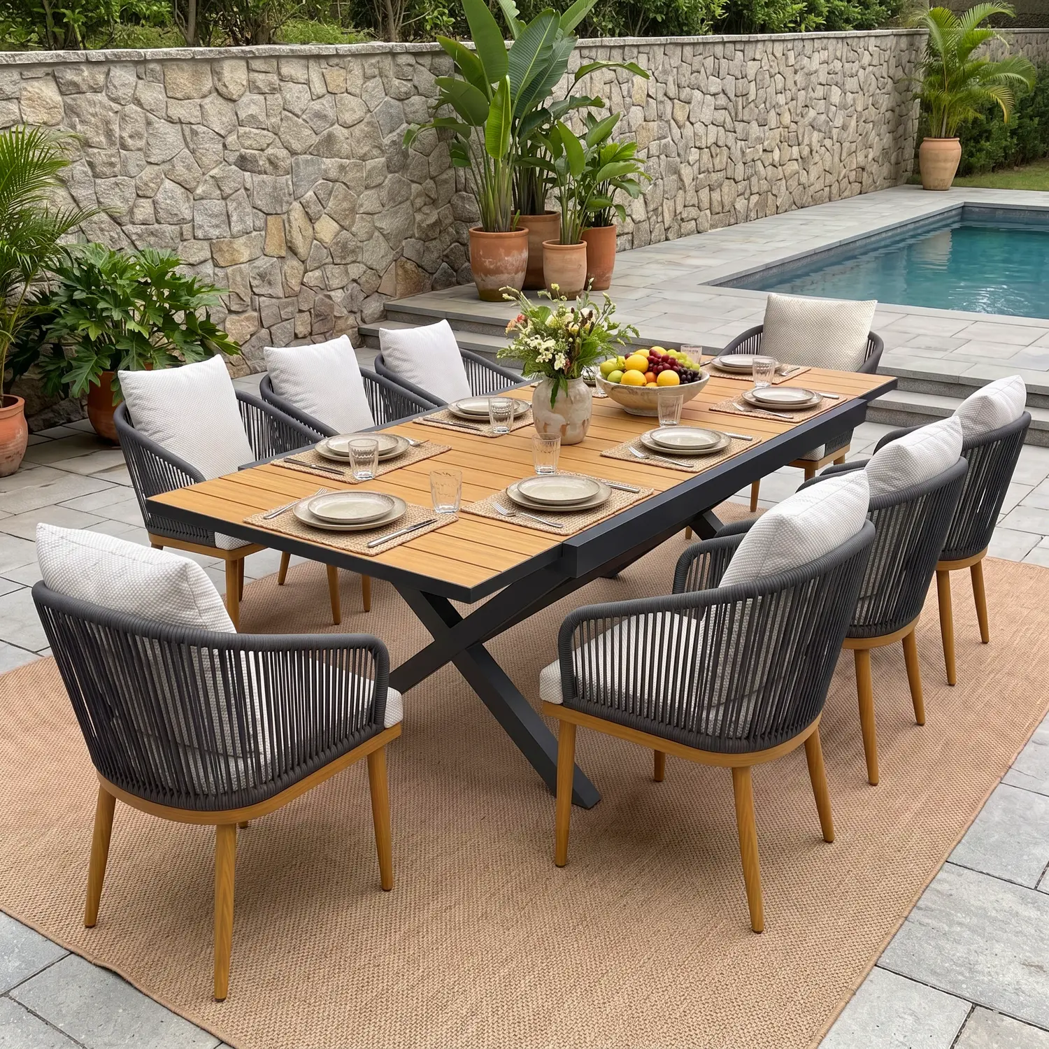 LayinSun Outdoor Patio Dining Set, 60" to 82" Expandable Aluminum Dining Table and Wicker Rattan Chairs for Outside Backyard, Poolside, Deck, Multiple Packages